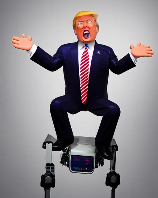 Prompt: Donald Trump as an animatronic Robot, Hyperreal, highly detailed hands and Face, Full Body, Studio Lighting, in the Style of Disney Imagineering