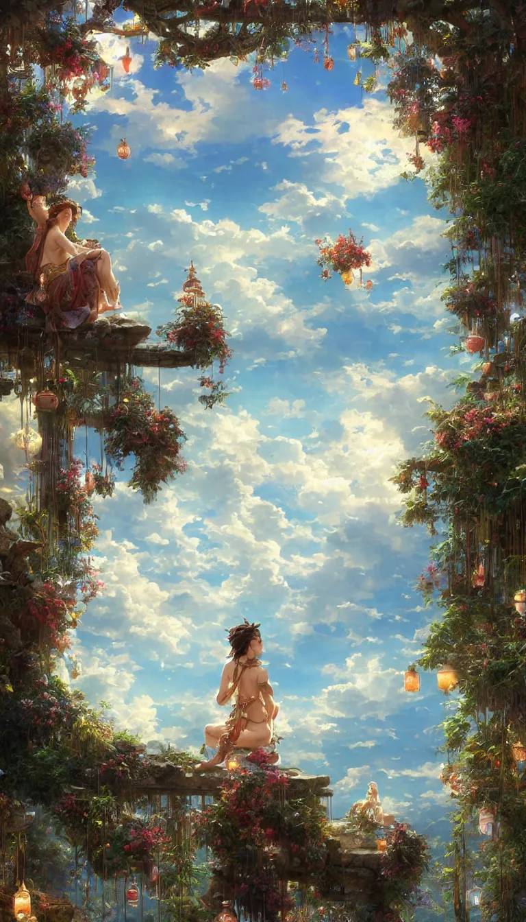 Image similar to wind deity enjoying the view from his stone heavenly palace, decorated with windchimes and paper lanterns, stunning nature and clouds in background, digital art, stanley artgerm lau, greg rutkowski, thomas kindkade, alphonse mucha, loish, norman rockwel