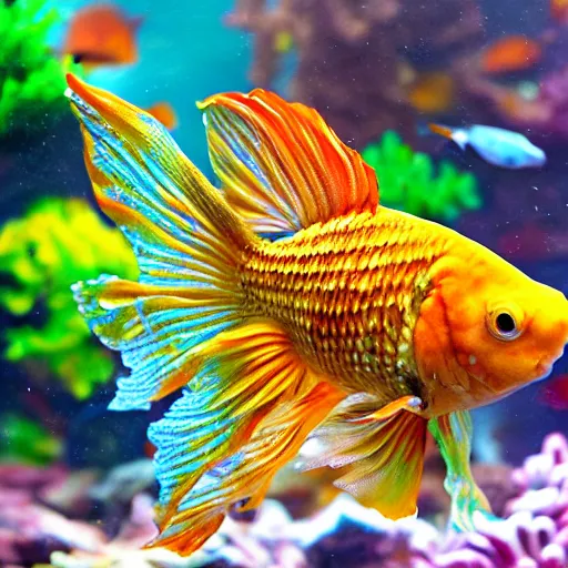 Prompt: dragon goldfish with shimmering scales and decorative fins swimming in an aquarium, photography