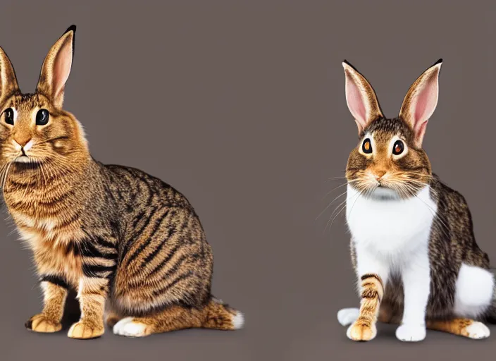 Image similar to photo still of rabbit and cat hybrid, 8 k, studio lighting bright ambient lighting key light, 8 5 mm f 1. 8