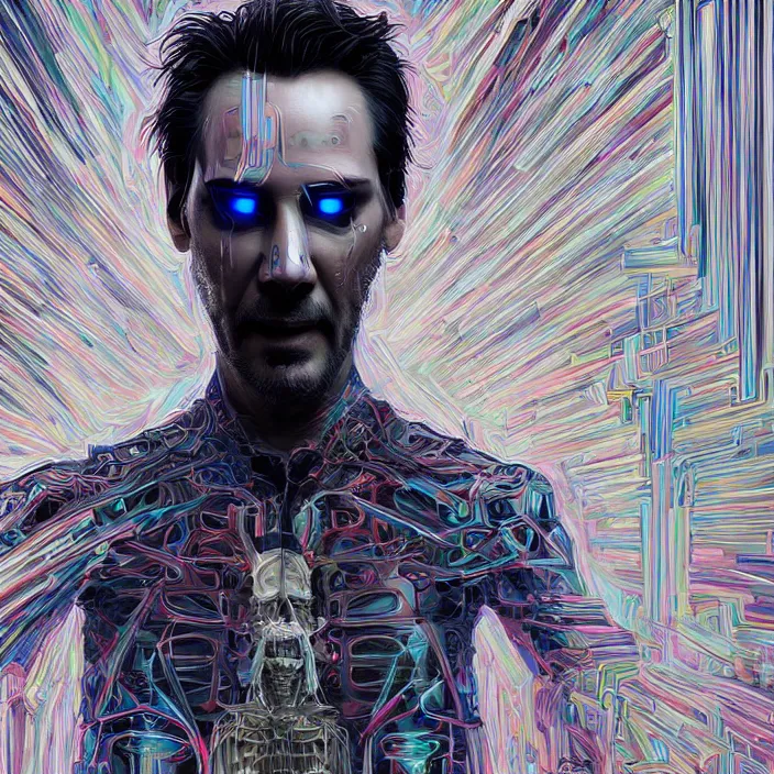 Prompt: portrait of Keanu Reeves as skeleton. intricate abstract. intricate artwork. by Tooth Wu, wlop, beeple, dan mumford. octane render, trending on artstation, greg rutkowski very coherent symmetrical artwork. cinematic, hyper realism, high detail, octane render, 8k, iridescent accents