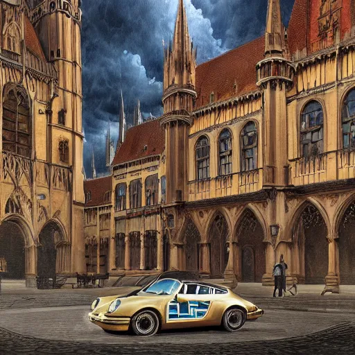 Prompt: a highly detailed matte painting of a porsche 9 1 1 in the style of greg rutkowski and remedios varo in front of neues rathaus, ultra realistic, detailed, intricate, full of color, 4 k, hyperrealistic, focused, extreme details, masterpiece