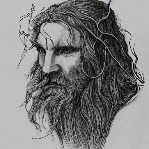 Prompt: bearded male druid gray skin pointy ears with vines as hair detailed drawing tolkien