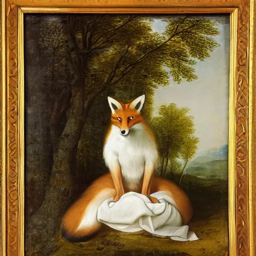 Image similar to A beautiful animal portrait of a fox in a pale yellow dress by Robert Cleminson and Jan Brueghel the Elder