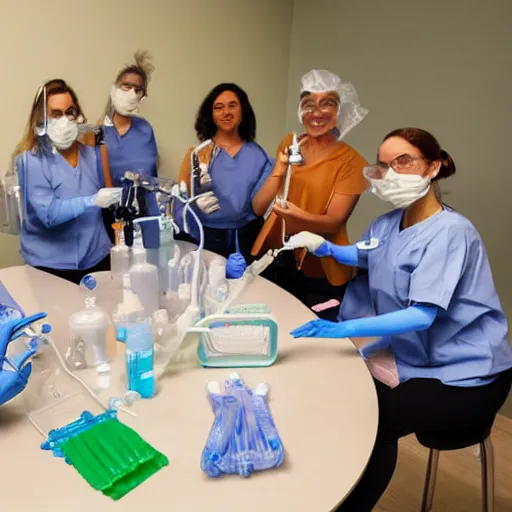 Image similar to nurses playing musical instruments made out of medical supplies, made out of clear tubing, syringes, urine collection bag, iv pole, fluid bag, nebulizer equipment, bag - valve mask, intubation equipment, speculum, defibrillator, flexiseal.
