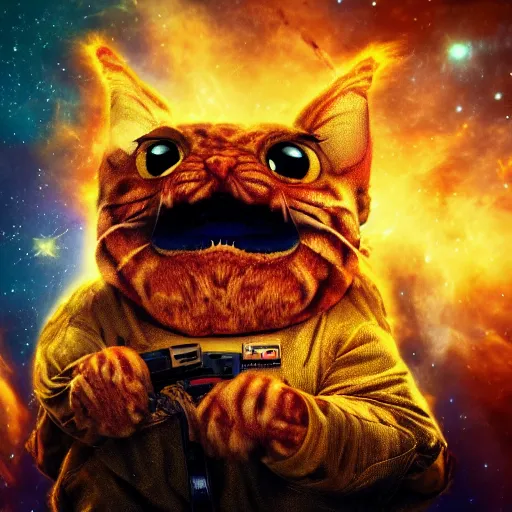 Image similar to one scary garfield in space, galaxy, hd, 8 k, explosions, gunfire, lasers, giant, epic, realistic photo, unreal engine, stars, prophecy, powerful, cinematic lighting, destroyed planet, debris, movie poster, violent, sinister, ray tracing, dynamic, print, epic composition, dark, lasagna, horrific