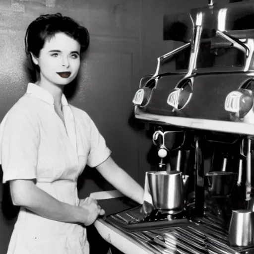 Image similar to young isabella rossellini working as a barista