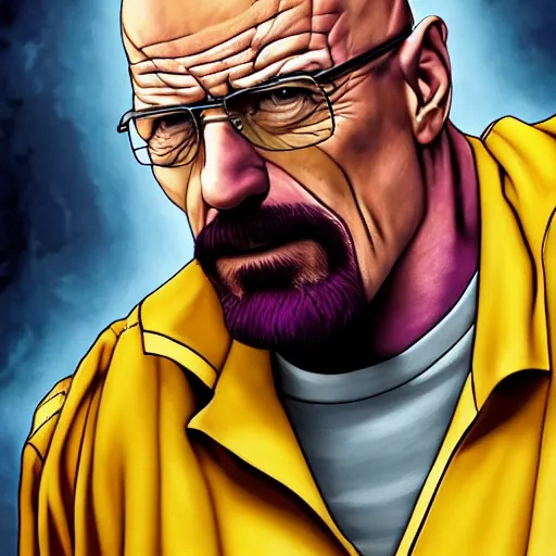 Image similar to walter white as a bodybuilder thanos with the infinity gauntlet, artstation hall of fame gallery, editors choice, #1 digital painting of all time, most beautiful image ever created, emotionally evocative, greatest art ever made, lifetime achievement magnum opus masterpiece, the most amazing breathtaking image with the deepest message ever painted, a thing of beauty beyond imagination or words, 4k, highly detailed, cinematic lighting