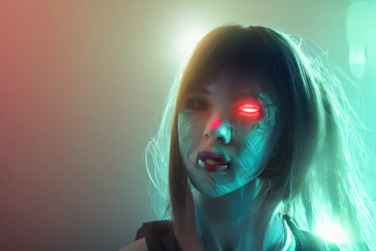 Image similar to Cyber ​​girl, transforming face, fangs, syringes, forest, fog, volumetric light