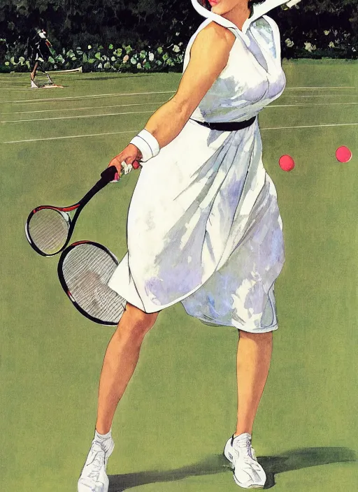 Prompt: a copic maker art nouveau portrait of a woman playing tennis on a grass court at high speed wearing a futuristic latex pilot kimono suit designed by balenciaga by john berkey norman rockwell