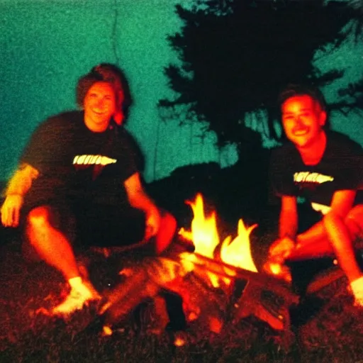 Image similar to grainy low quality 90s poloraid photo of a couple guys wearing Synthwave style shirts near a campfire, scanned photo, visual photo artifacts