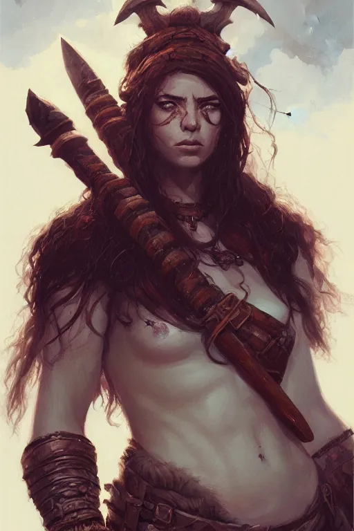 Image similar to head and shoulders portrait of a barbarian, female, high fantasy, dnd, nuri iyem, james gurney, james jean, greg rutkowski, anato finnstark