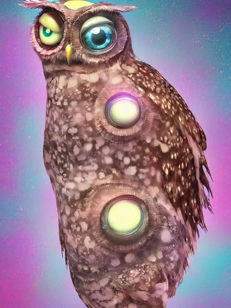Image similar to a dreamy otherworldly 3 d render of wise owl with one eye, pixiv fanbox, dramatic lighting, maximalist pastel color palette, splatter paint, pixar and disney exploded - view drawing, graphic novel by fiona staples and dustin nguyen, peter elson, alan bean, wangechi mutu, clean cel shaded vector art, trending on artstation