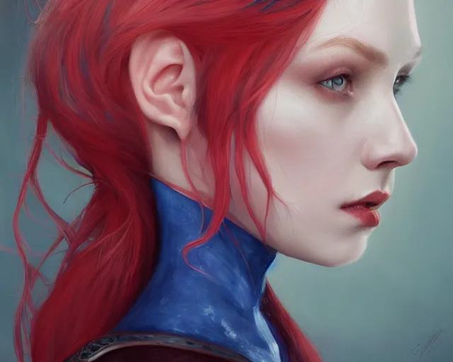 Image similar to A detailed matte oil on canvas head on symmetrical portrait of a distinguished elven woman with red and blue hair on an empty background, by Charlie bowater, Lise Deharme, Wlop, trending on artstationhd, dungeons and dragons art, parted hair , half blue, half red , split dye, critical role