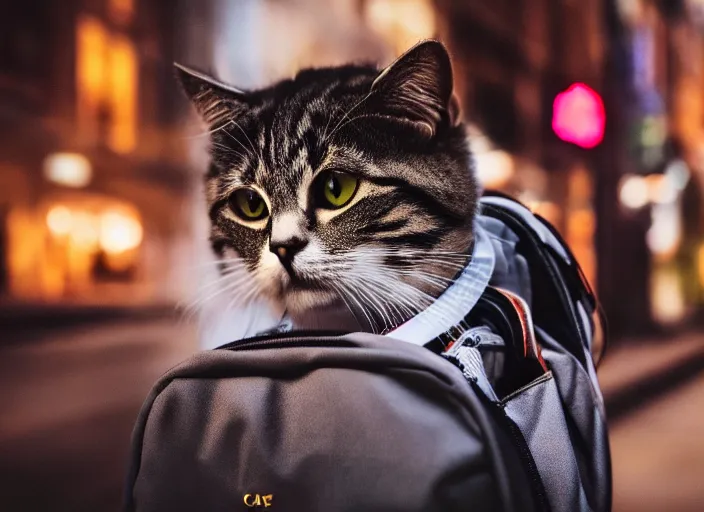 Image similar to photography of a Cat being carried in a backpack . in a new york street. award winning photo, led lighting, night, 130mm, sharp, high res