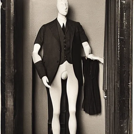 Image similar to 1 9 1 0 paris store window, manikin, suit, wax head, photograph, style of atget, old, creepy, smiling