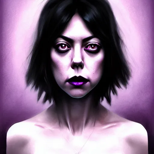 Prompt: Aubrey Plaza dark witch, purple eyes evil smile, black magic, realistic character concept, full body, sinister pose, scary magical background, illustration, slender symmetrical face, symmetrical eyes, realistic body, artstation, cinematic lighting, hyperdetailed, cgsociety, 8k, high resolution, Charlie Bowater, Tom Bagshaw, insanely detailed and intricate, vfx, postprocessing
