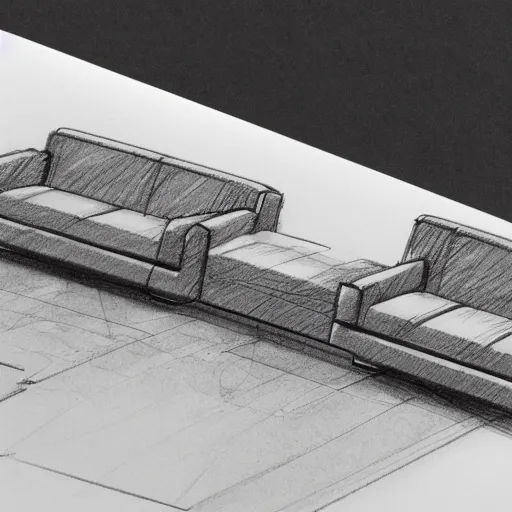 Image similar to detailed sketch, a prototype concept design of a sofa, commercial tv add, blade runner style,