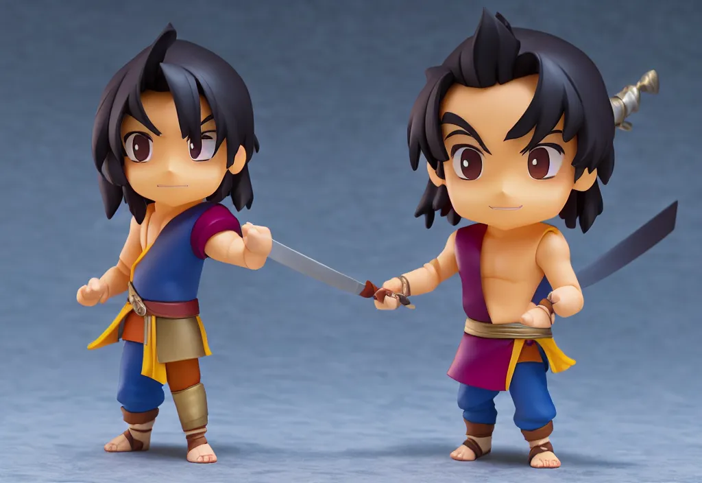 Image similar to side view of a walking young aladdin with arabian sword as nendoroid, 8 k, hd, dof, kodak film, volumetric lighting, subsurface scattering, photorealistic, octane render