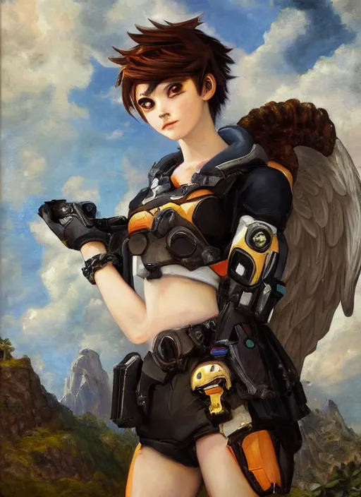 Image similar to oil painting of tracer overwatch in the style of sophie anderson, on knees, angel wings, black outfit, dramatic painting, wearing black choker,