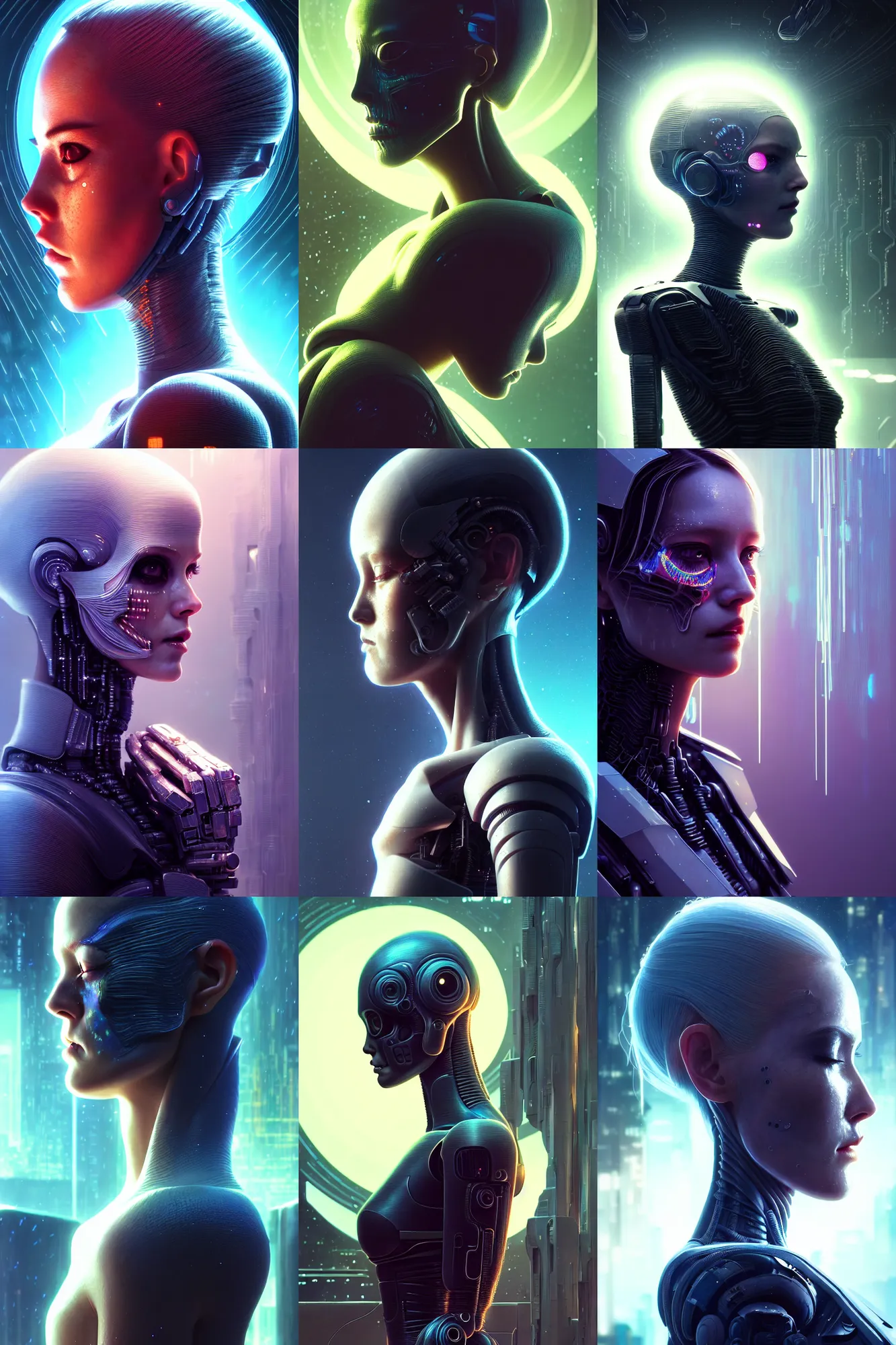 Prompt: side portrait, beautiful crying! female android!, intricate detailed environment, photorealistic!, octane render, concept art, cinematic lighting, interstellar hyper realism, sharp, cyberpunk, bladerunner, 8 k, el dia los muertos! by angus mckie, moebius, maciej kuciara, stanley lau, artgerm, greg rutkowski