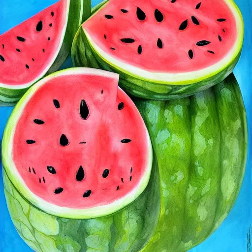 Prompt: Watermelon juice. Watermelon, watermelon seeds, charcoal painting, colourful