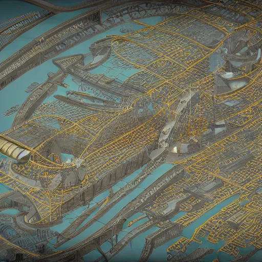 Prompt: tunnel map blueprint inspired steampunk coastal city, axonometric exploded view, high detail, 8k, photorealistic