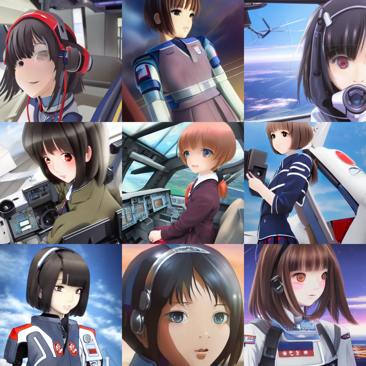 Prompt: an award winning, realistic photograph of a beautiful, japanese, teenage female schoolgirl, with a bob cut, piloting a mecha cockpit ultra hd, high definition, high quality, crisp, sharp, smooth, 8 k resolution