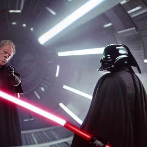Prompt: John C. Reilly lightsaber dueling Darth Vader inside the Death Star, cinematic lighting, award winning photos, high resolution, lens flare