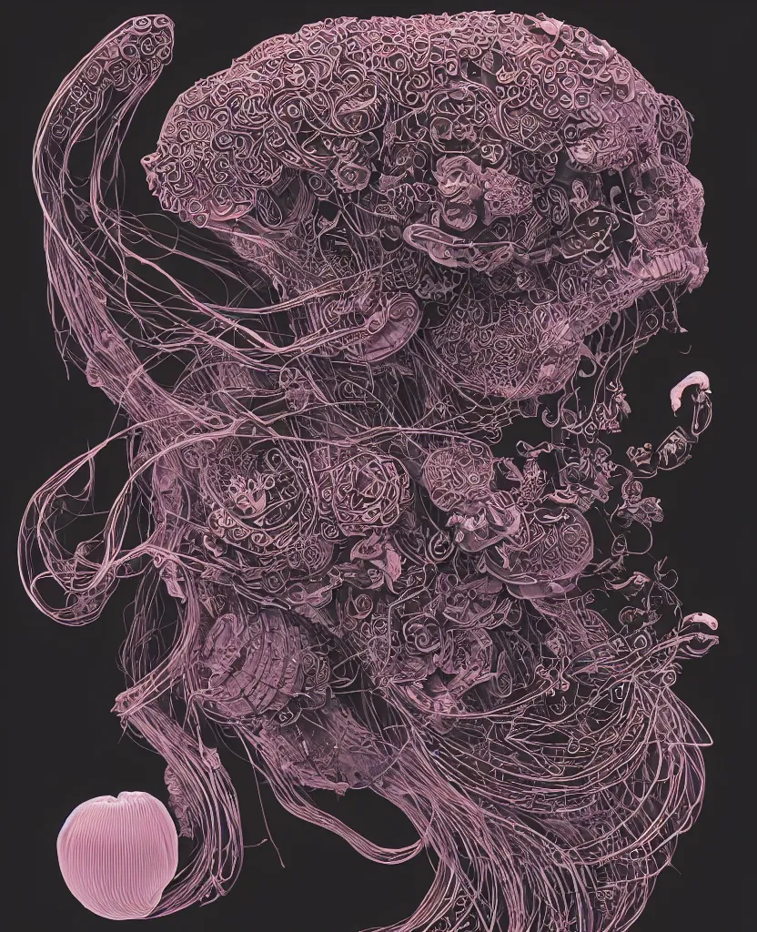 Image similar to fully black background. background hex 000000. goddess princess face close-up portrait ram skull. japanese coloured paper bas relief paper sculpture. jellyfish phoenix head, nautilus, orchid, skull, betta fish, bioluminiscent creatures, intricate artwork by Tooth Wu and wlop and beeple. octane render, trending on artstation, greg rutkowski very coherent symmetrical artwork. cinematic, hyper realism, high detail, octane render, 8k