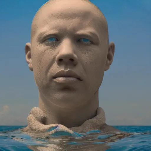 Image similar to a giant sculpture made out of water of a human head, on the ocean water, cinematic, in the style of johnson tsang, long shot, hyper detailed, hyper realistic, ray tracing, 8 k resolution, sharp focus, realistic water, award winning