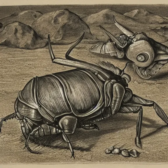 Image similar to a detailed, intricate drawing of a rhinoceros beetle rhinceros on a beach, by albrecht durer