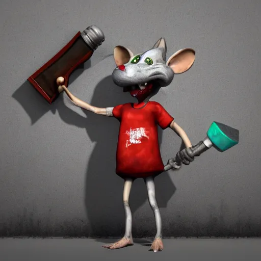 Image similar to graffiti art of a rat showing his teeth and holding a hammer in one hand and a sickle in the other hand. Highly detailed, octane Render, 4K