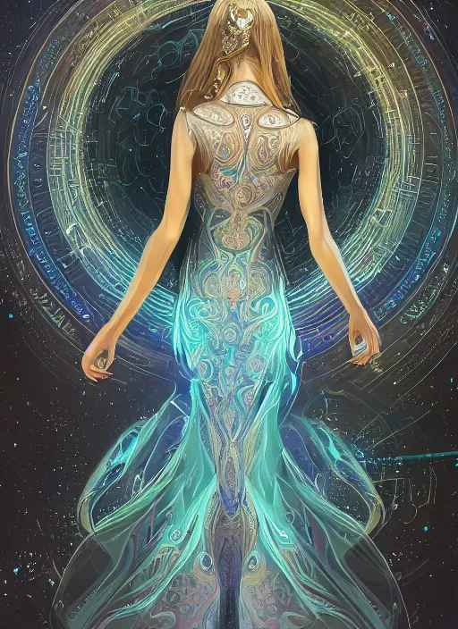 Image similar to a highly detailed illustration of elegant goddess wearing cosmic galxaxy patterned dress, elegant floating pose, beautiful detailed figure, nebula background, intricate, elegant, highly detailed, centered, digital painting, artstation, concept art, smooth, sharp focus, league of legends concept art, wlop