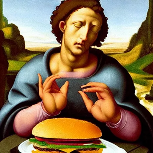 Image similar to portrait of god eating hamburgers, ethereal, handsome, fresco, art by michelangelo, d & d, fantasy, intricate, elegant, highly detailed