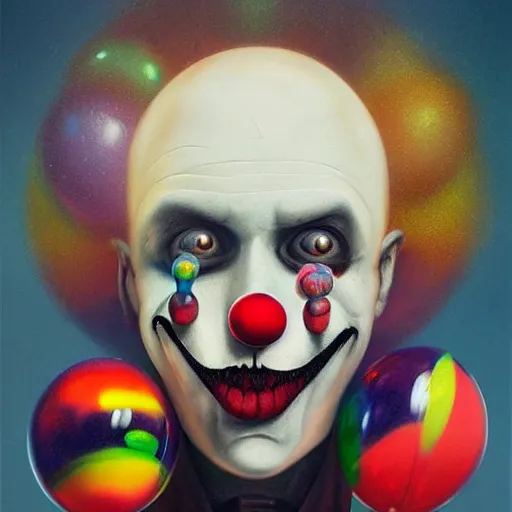 Image similar to creepy clown with colourful marbles and balloons, realistic, by Anato Finnstark, Tom Bagshaw, Brom