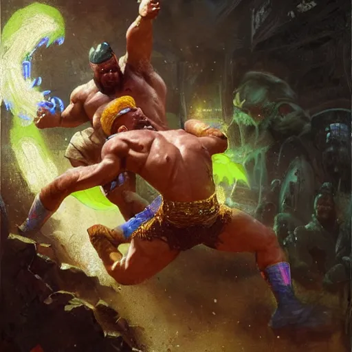 Image similar to the iron sheik breaking hulk hogan's back, radiant light, caustics, heroic, bright iridescent light, by gaston bussiere, bayard wu, greg rutkowski, maxim verehin, epic wrestling combat, legendary