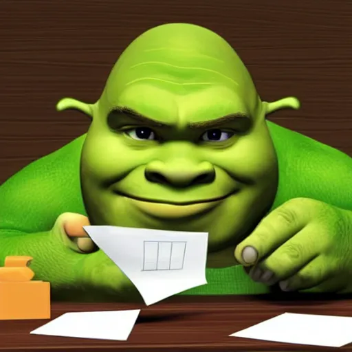 Image similar to stock photo of shrek calculating his taxes, spectacles without border on the end of his nose, microsoft excel 2002 bootcamp instructor