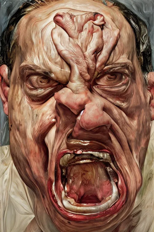 Image similar to a man enraged, part by Jenny Saville, part by Lucian Freud