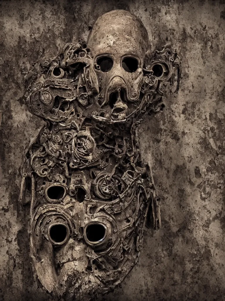 Image similar to extra wide view. an ominous dark ancient mask. barron. worn out photography. sepia. cracks. hyper - detailed. gothic steampunk. low poly medieval baroque. symmetric. epic. hyper - realistic. unreal render.