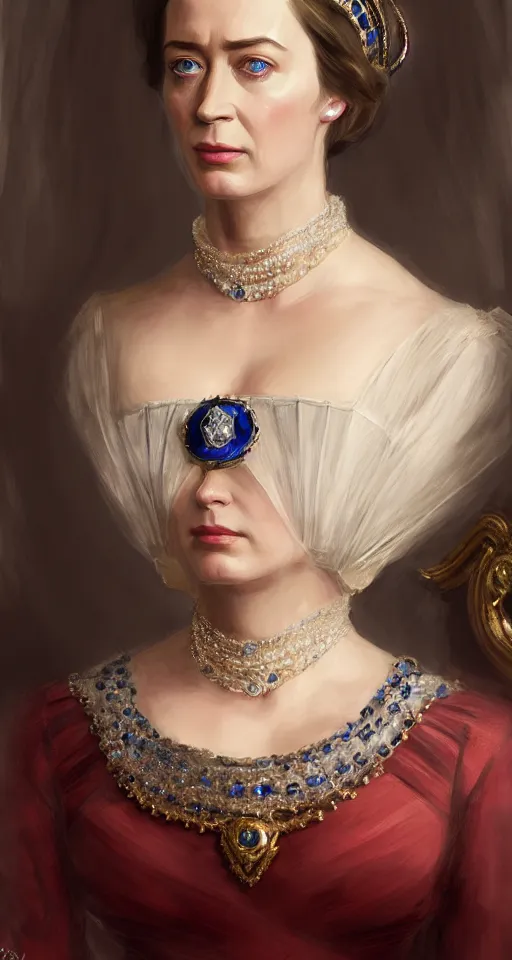 Image similar to portrait of emily blunt as queen victoria, jewelry, greek, sapphire, victorian age, 1 8 9 0, intricate, headshot, key visual, conceptart, ambient lighting, highly detailed, digital painting, artstation, concept art, sharp focus, by makoto shinkai and akihiko yoshida and greg manchess