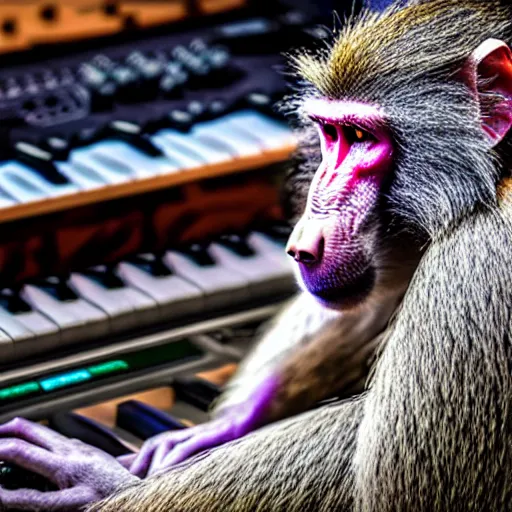 Prompt: photo of a baboon making a DAWless jam, synth, synthesizers, modular synth, jungle