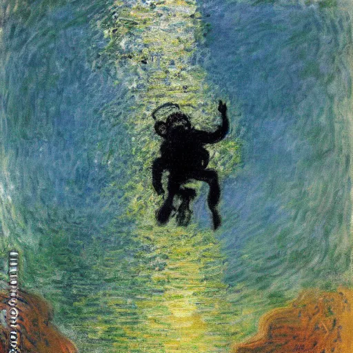 Prompt: a tiny diver diving into a huge glass filled with white wine by claude monet