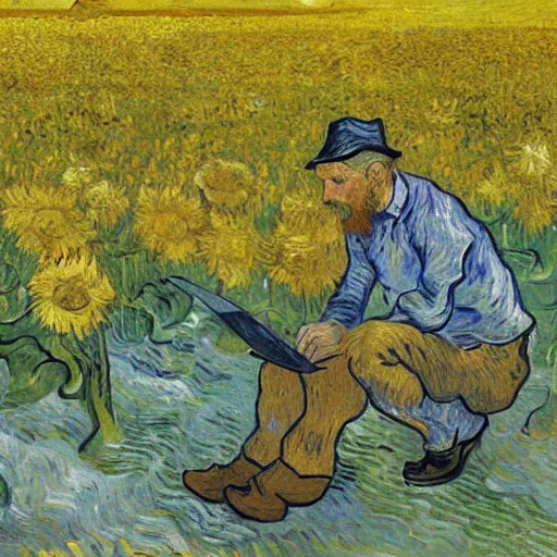 Prompt: An oil painting of Van Gogh is working on a painting in a sunflower field, by Van Gogh