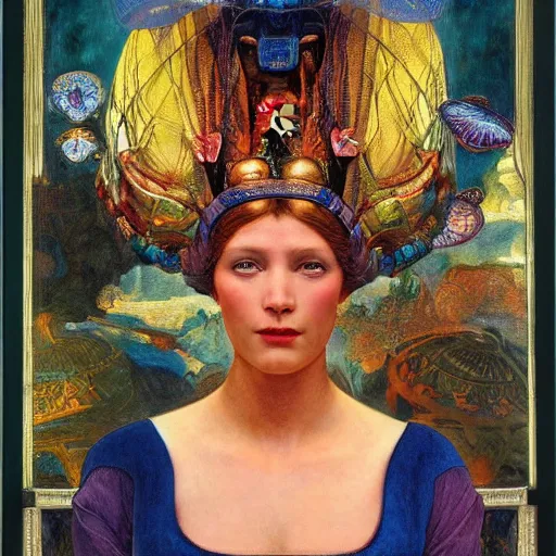 Prompt: goddess of the future city, by Annie Swynnerton and Diego Rivera and Tino Rodriguez and Maxfield Parrish, elaborate headdress and embroidered velvet, iridescent beetles, rich color, dramatic cinematic lighting, extremely detailed