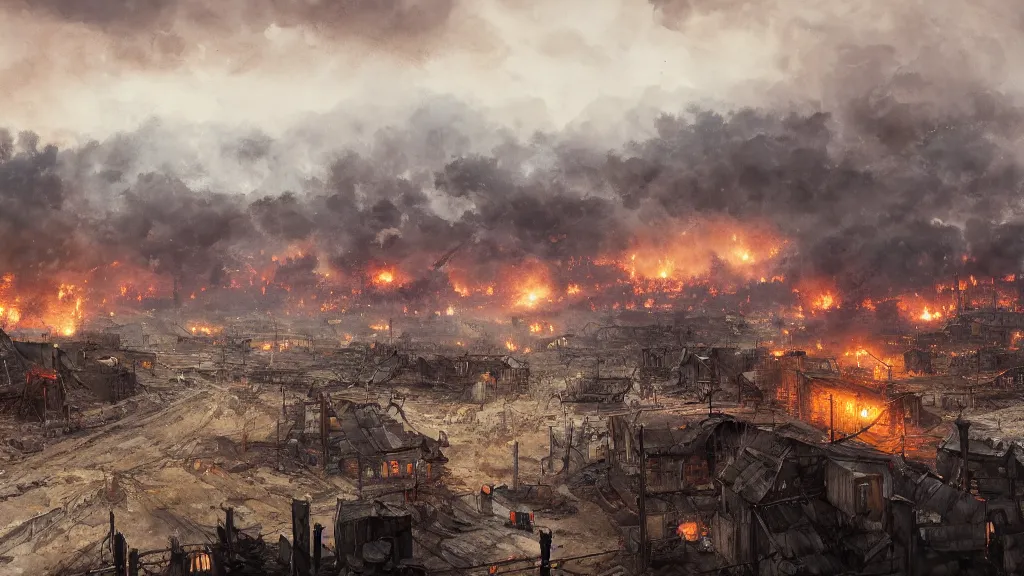 Image similar to panorama view of siege camp with burning town in background, watercolored, jakub rozalski, dark colours, dieselpunk, artstation