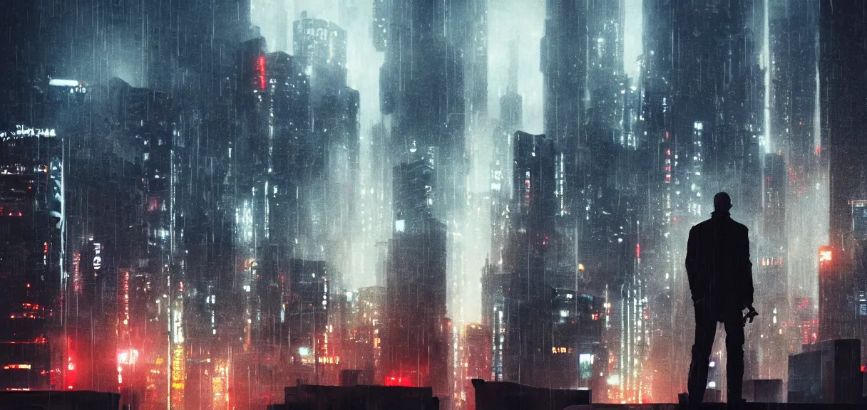 Image similar to shot of the alone man standing on the roof during rain, looks at impressive cyberpunk city at night during great storm, nightscape, futuristic architecture, realistic photo, neons, blade runner, akira style, cinematic lighting, cinematic angles