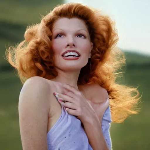 Prompt: natural 8 k close up shot from a 2 0 0 5 romantic comedy by sam mendes of rita hayworth with freckles, natural skin and beauty spots. she stands and looks on the horizon with winds moving her hair. fuzzy blue sky in the background. no make - up, no lipstick, small details, wrinkles, natural lighting, 8 5 mm lenses, sharp focus