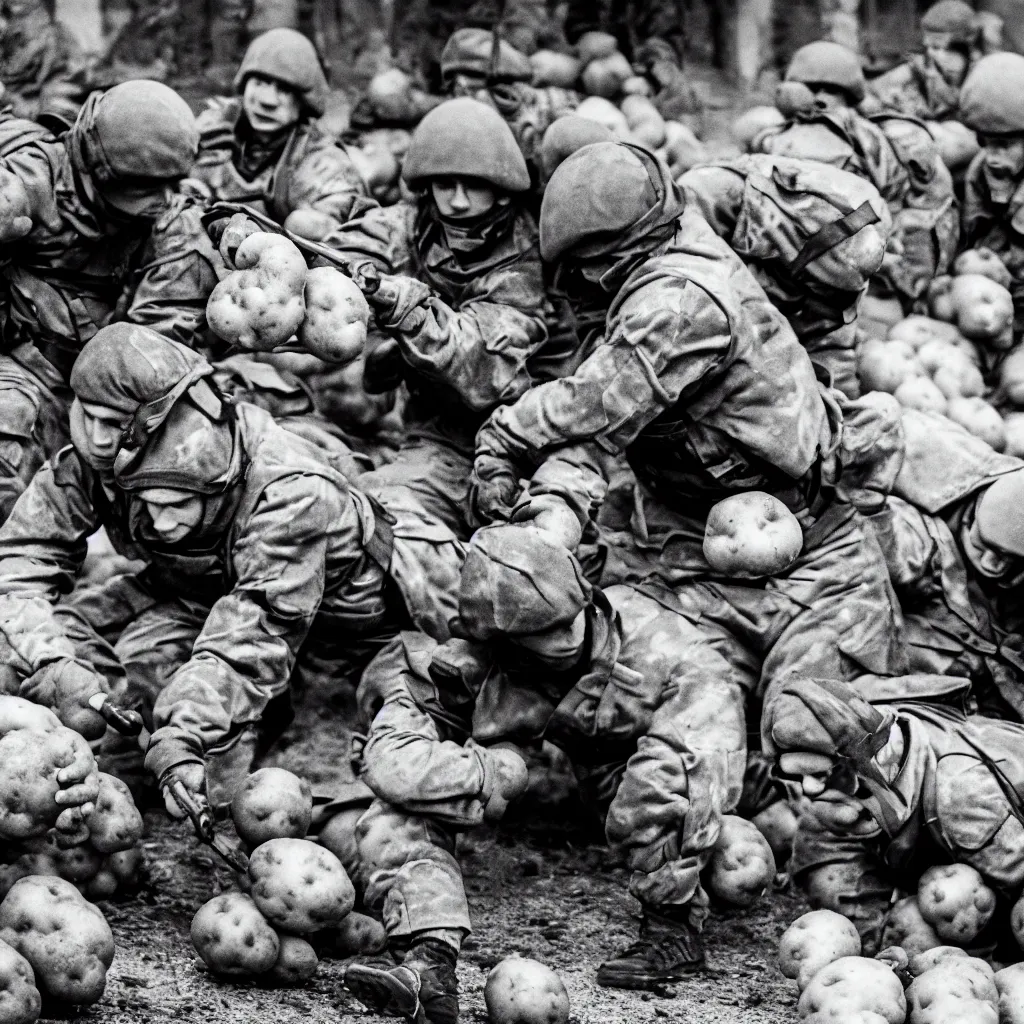 Image similar to soviet spetsnaz soldiers throwing potatoes, black and white, retro, very detailed, 4 k, professional photography