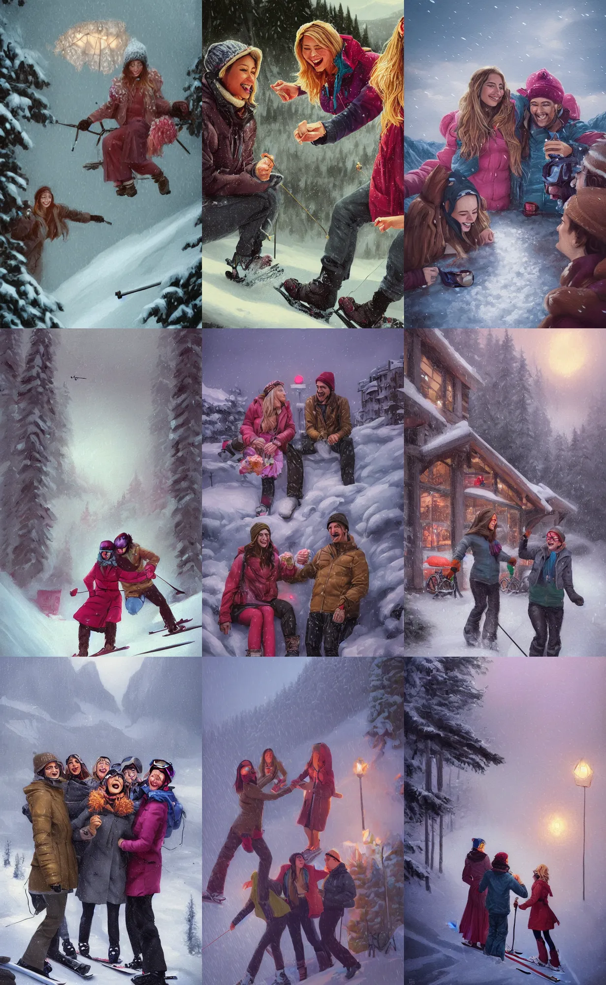 Prompt: portrait of a cinematic joyous closeup moment of friends enjoying life in a ski cafe and visiting wearing boho clothing peonies, full body illustration,bestselling movie poster, official media elegant decollete, sculpture, fog and rain, thunder clouds in the sky, nature, illustration, intimidating lighting, incredible art by artgerm and greg rutkowski and simon stalenhag